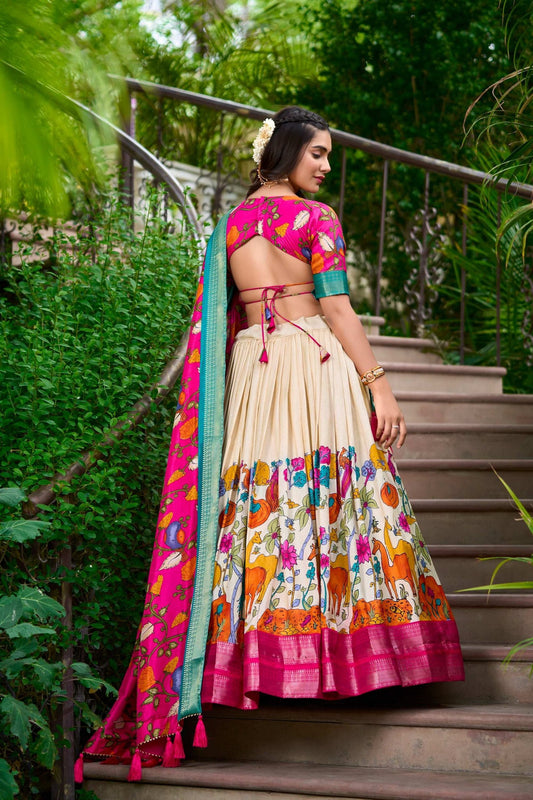 White Dola Silk Lehenga Choli Set with Kalamkari Print and Zari Weaving