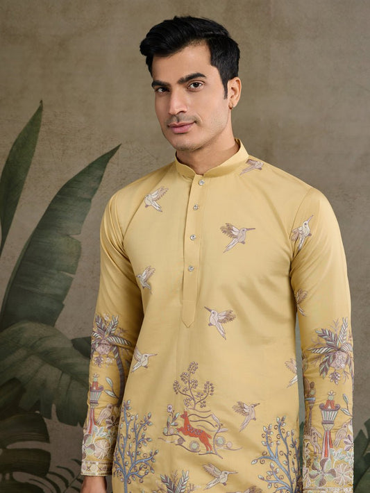 Yellow Viscose Silk Mens kurta for haldi ceremony