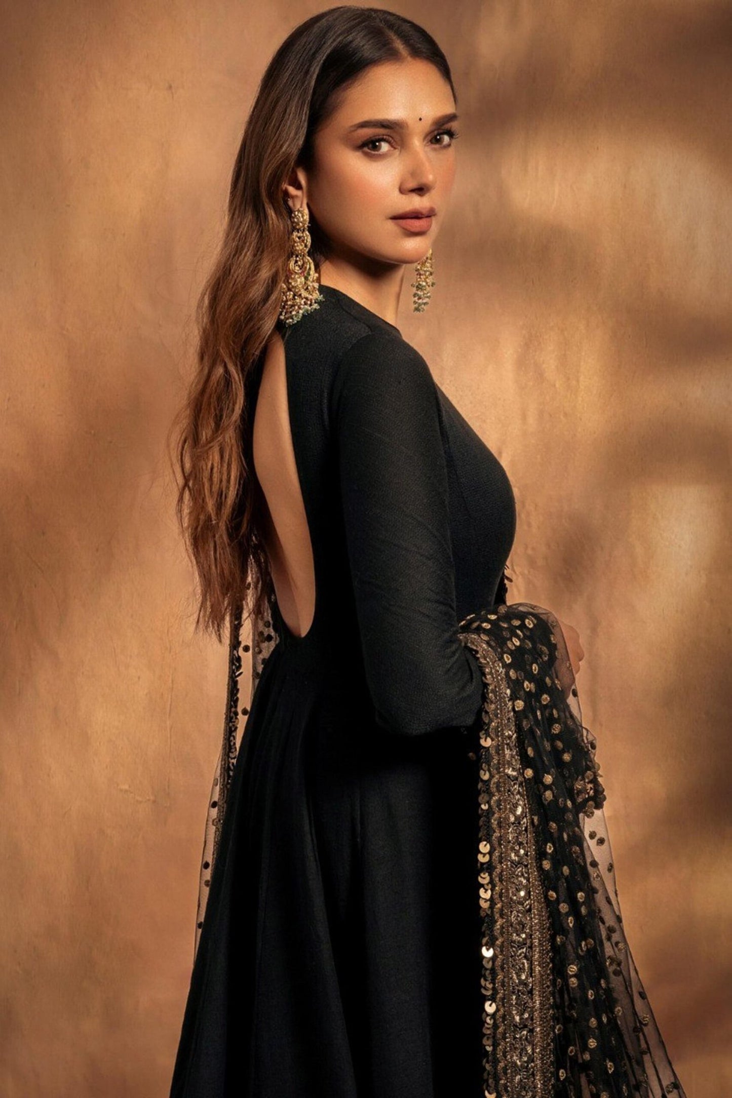 Aditi Rao-Inspired Black Rayon Embroidered Anarkali Suit Set
