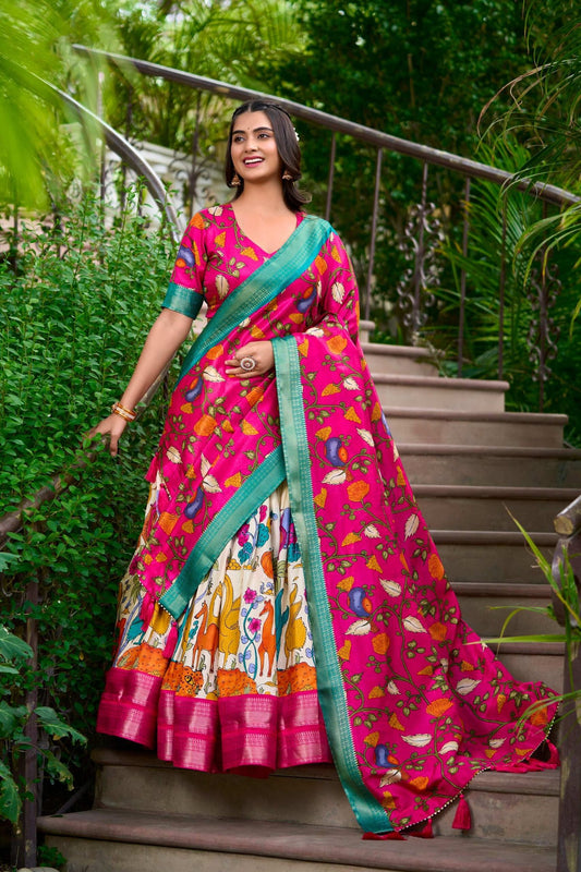 White Dola Silk Lehenga Choli Set with Kalamkari Print and Zari Weaving