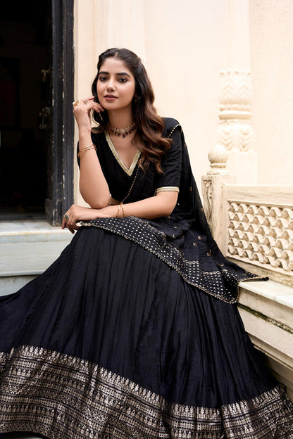 Black Chanderi Silk Lehenga Choli Set
