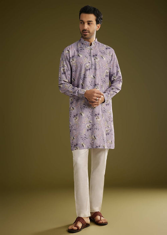 Purple Zipper Kurta Set in Russian Silk with Floral Print