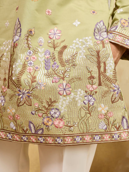 Light Green Festive Wear Embroidered Kurta Set For Mens