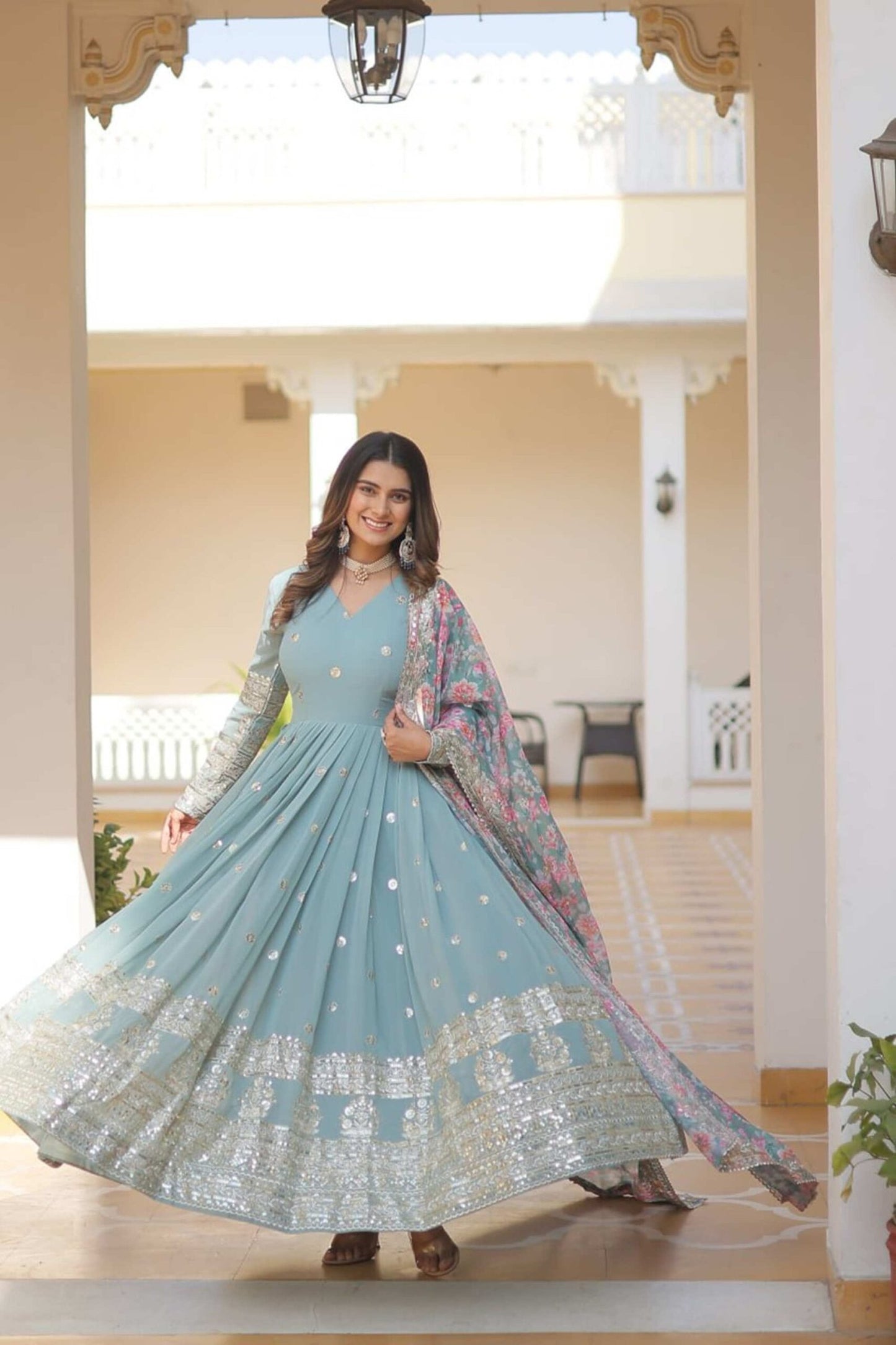 Sky Blue Heavy Embroidery Work Gown with Dupatta