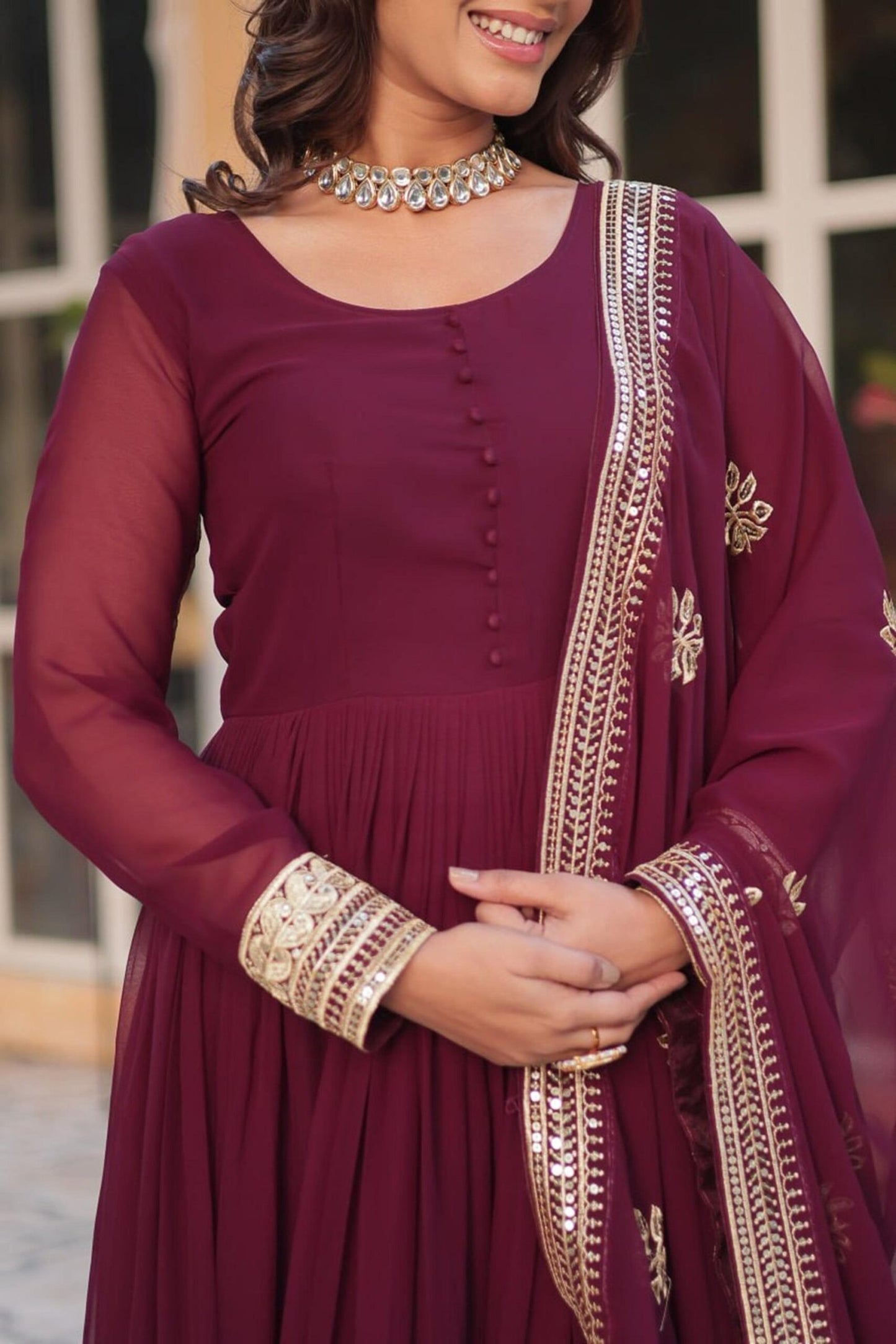 Sophisticated Maroon Zari Sequins Embroidered Gown