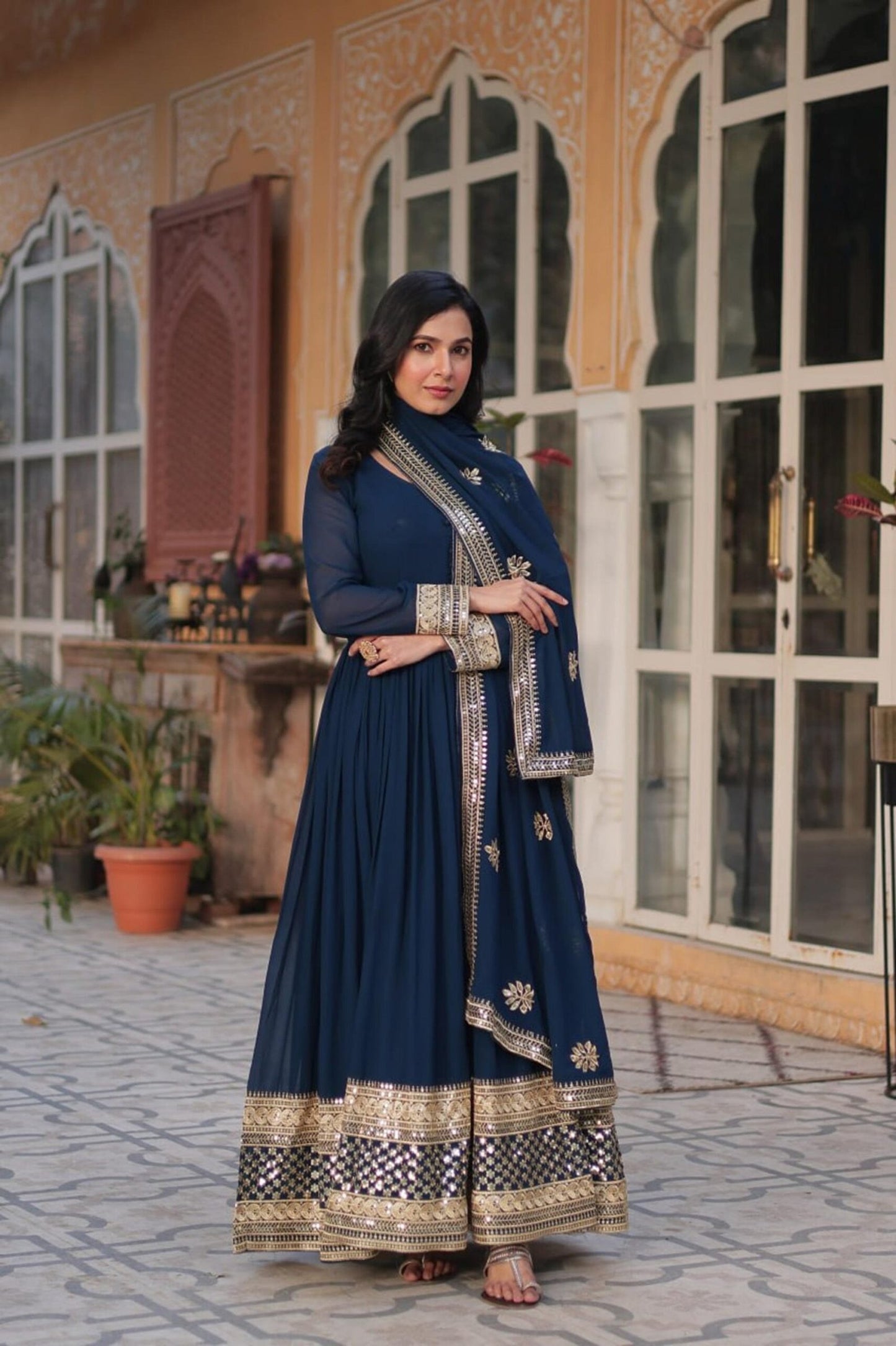 Royal Blue Faux Blooming Gown with Zari Sequins Embroidery