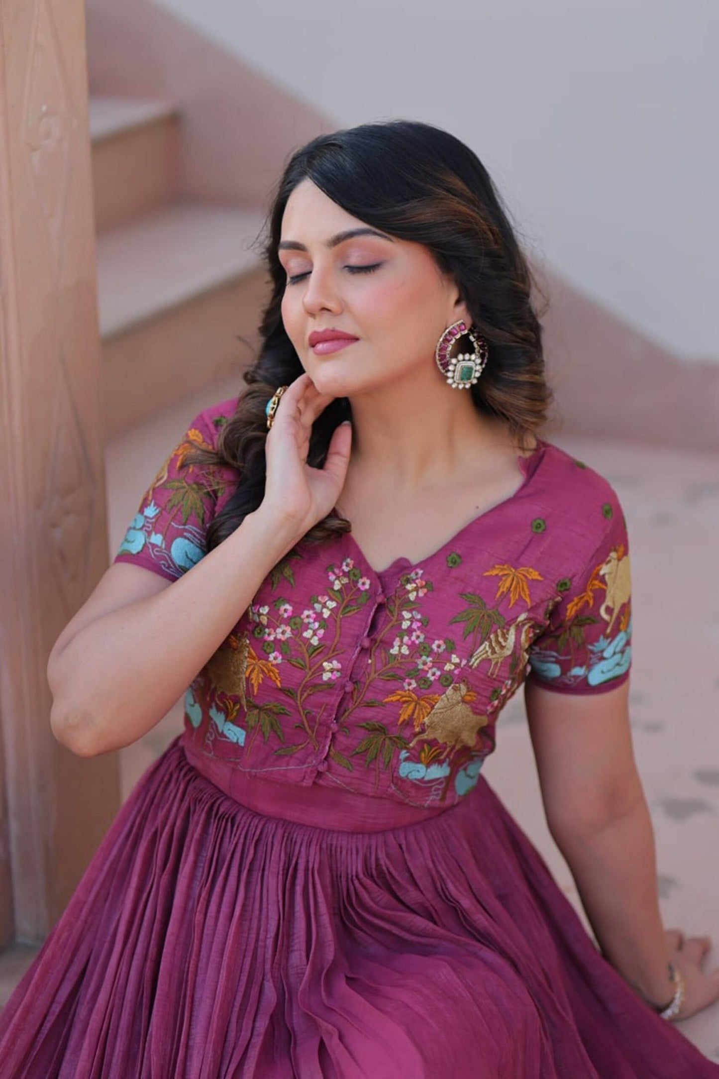 Ruby Color Jacket Style South Indian Gown Set