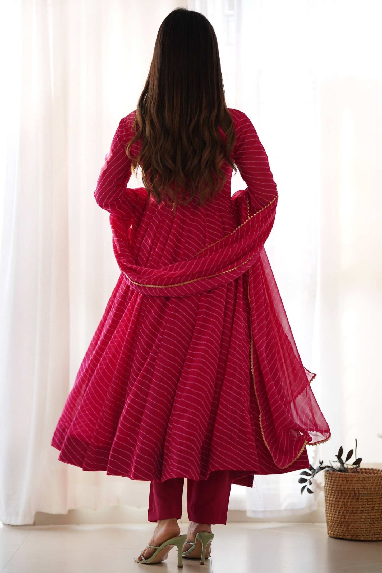 Vibrant Rani Pink Georgette Laheriya Print Anarkali Suit with Dupatta