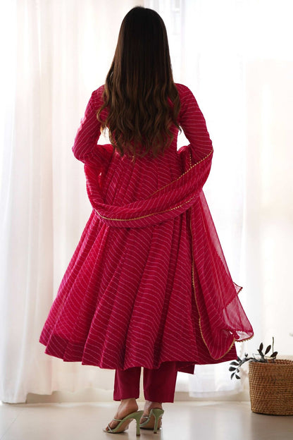 Vibrant Rani Pink Georgette Laheriya Print Anarkali Suit with Dupatta
