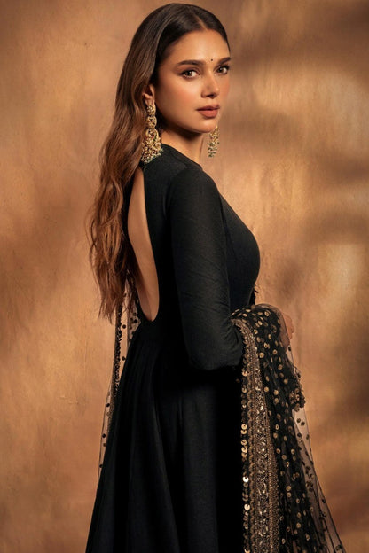 Aditi Rao-Inspired Black Rayon Embroidered Anarkali Suit Set