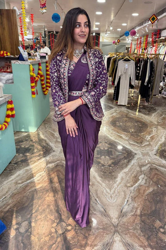 Wine Rangoli Silk Ready-to-Wear Saree with Embroidered Blouse, Koti